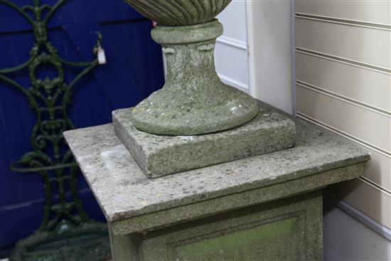 A large pair of reconstituted stone popes urns, overall H.7ft 3in.